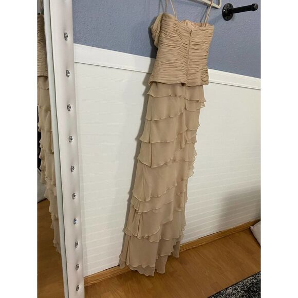 Jovani Vintage Nude Strapless Gown Ruched Bodice and Ruffle - Picture 15 of 15